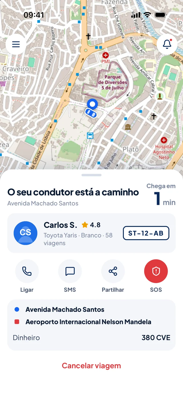 Ecrã da app MIKUBO: o condutor Carlos está a caminho e chega em 1 minuto
