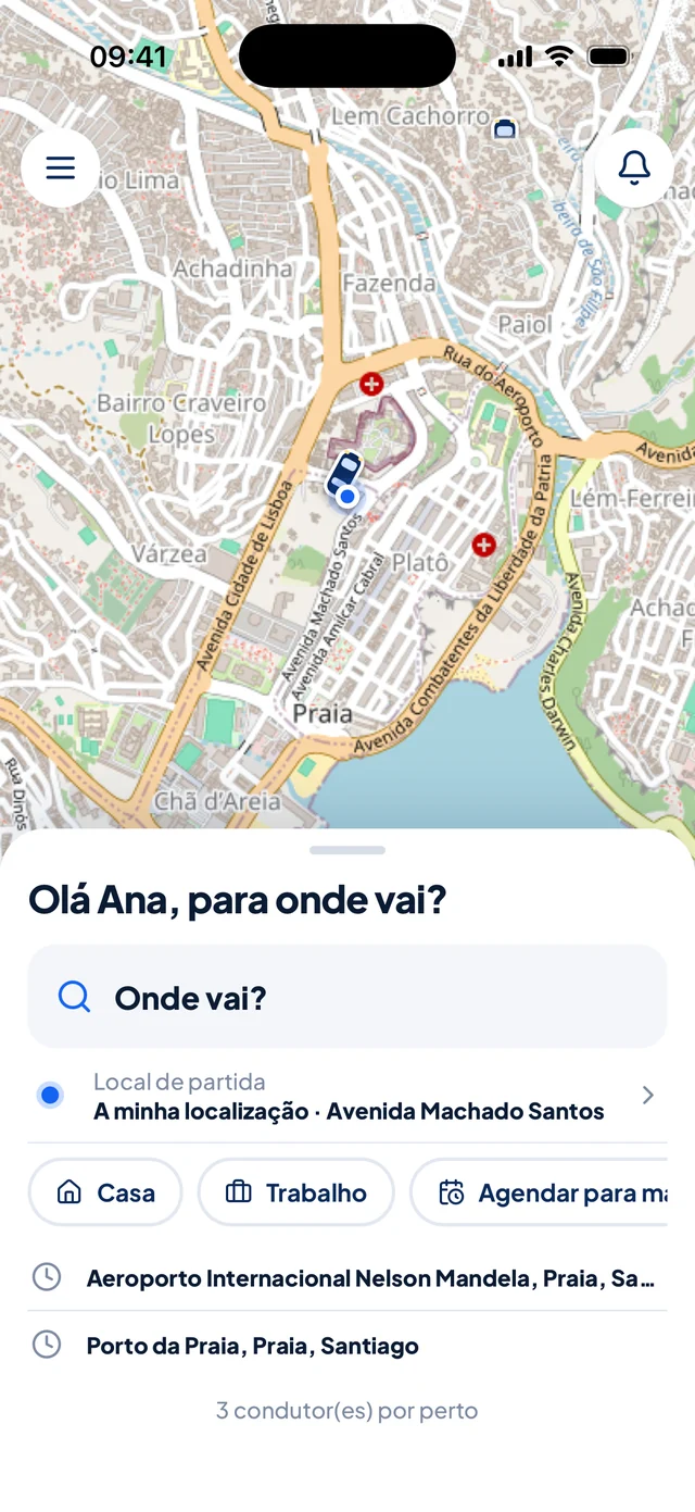 Ecrã inicial da app: mapa da Praia e campo Onde vai?
